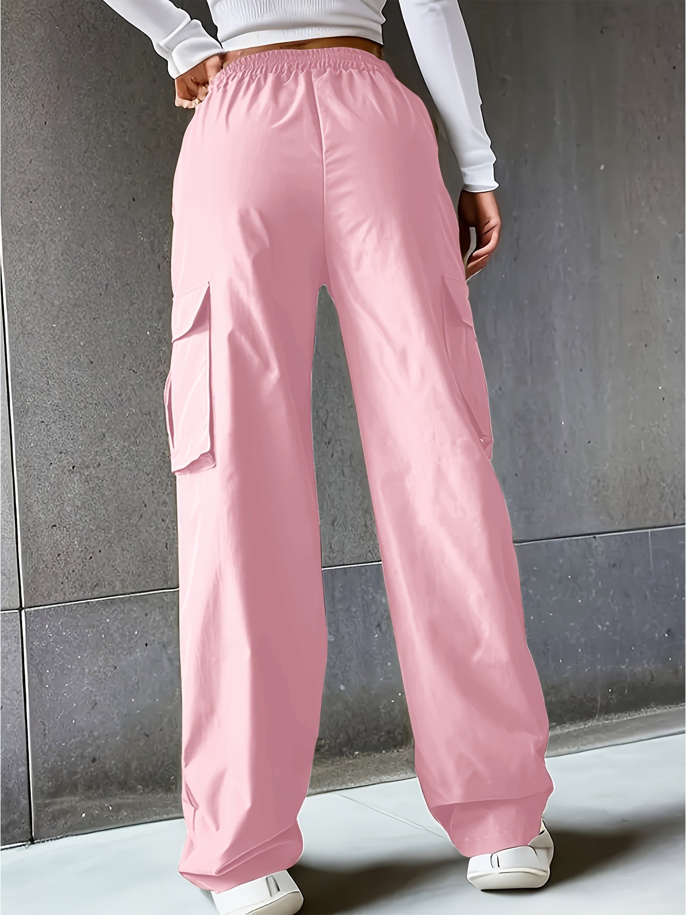 Solid Color Cargo Pants 2 Packs, Casual Elastic Waist Wide Leg Flap Pockets Pants, Women's Clothing