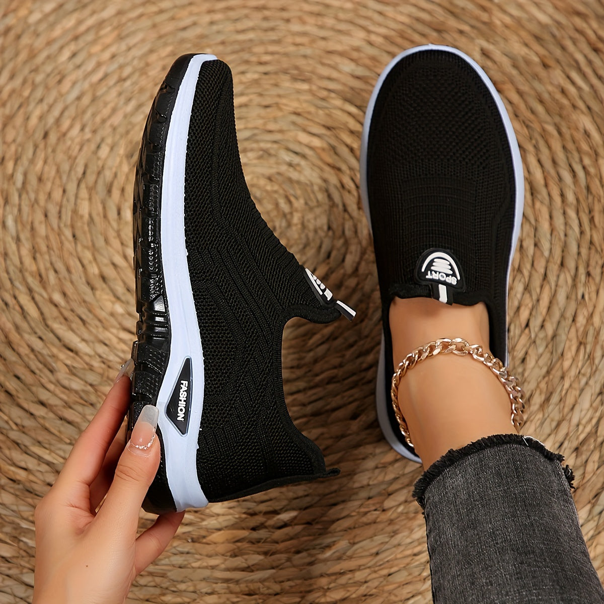 Women's Breathable Knit Sneakers, Casual Slip On Outdoor Shoes, Comfortable Low Top Shoes