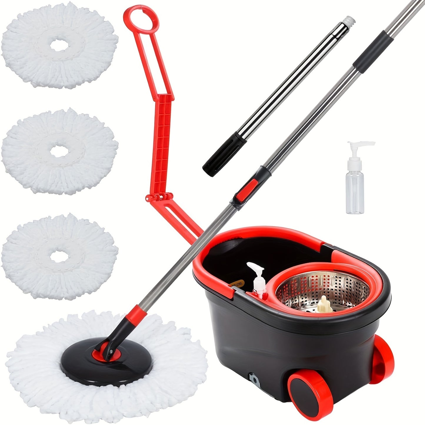 Spin Mop And Bucket With Wringer Set, Bathroom Mop Bucket, School Bathroom, 360° Spinning Mop Bucket System With 3 Microfiber Mop Replacement Heads And 61" Stainless Steel Adjustable Handle  Bucket Floor Cleaning System