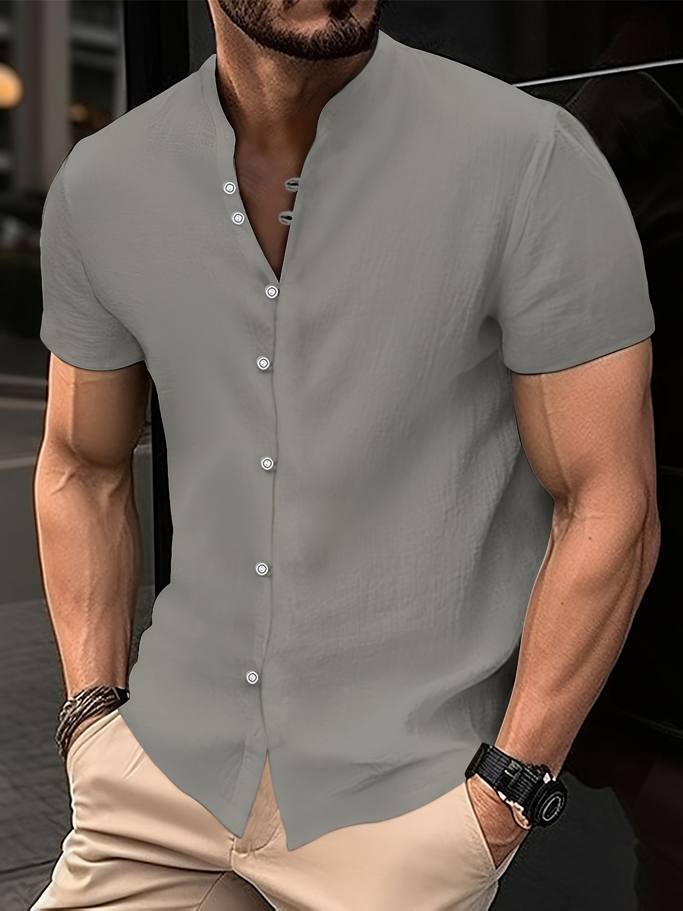 Men's Solid Short Sleeve Button Down Stand Collar Henley Shirt For Summer Resort Holiday, Hawaiian Style