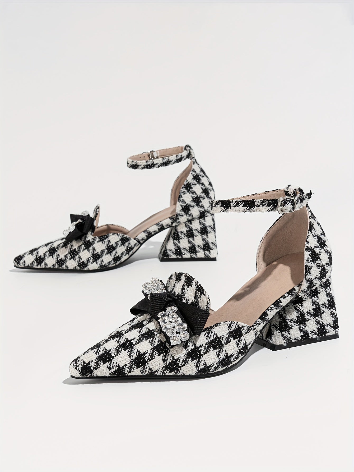 Women's Houndstooth Pattern Chunky Heels, Elegant Point Toe Dress Pumps, Stylish Bowknot Decor Buckle Strap Heels