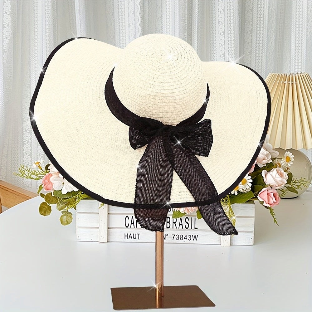 Chic Wide Brim Straw Sun Hat for Women - Trendy Korean Style with Sweet Bow, UV Protection, Perfect for Beach & Summer Trips