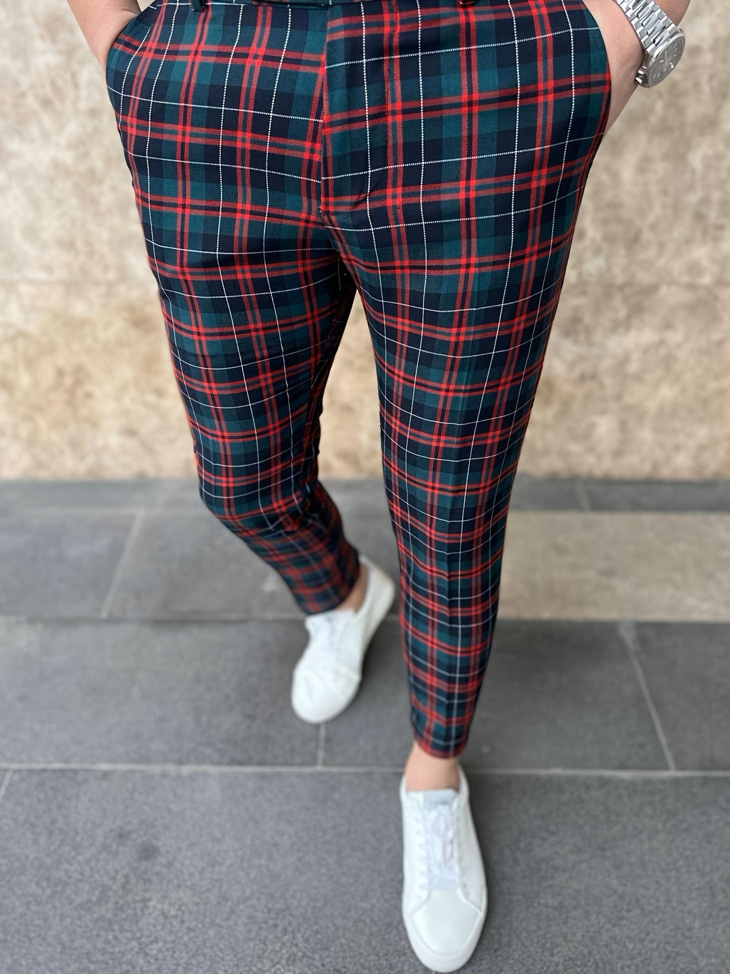 Men's Casual Plaid Print Dress Pants, Slim Fit Fashion Style Trousers, Business Casual Office Wear