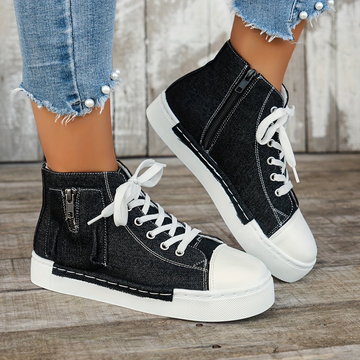 Women's Denim Platform Sneakers, Casual Lace Up Outdoor Shoes, Comfortable Side Zipper Shoes