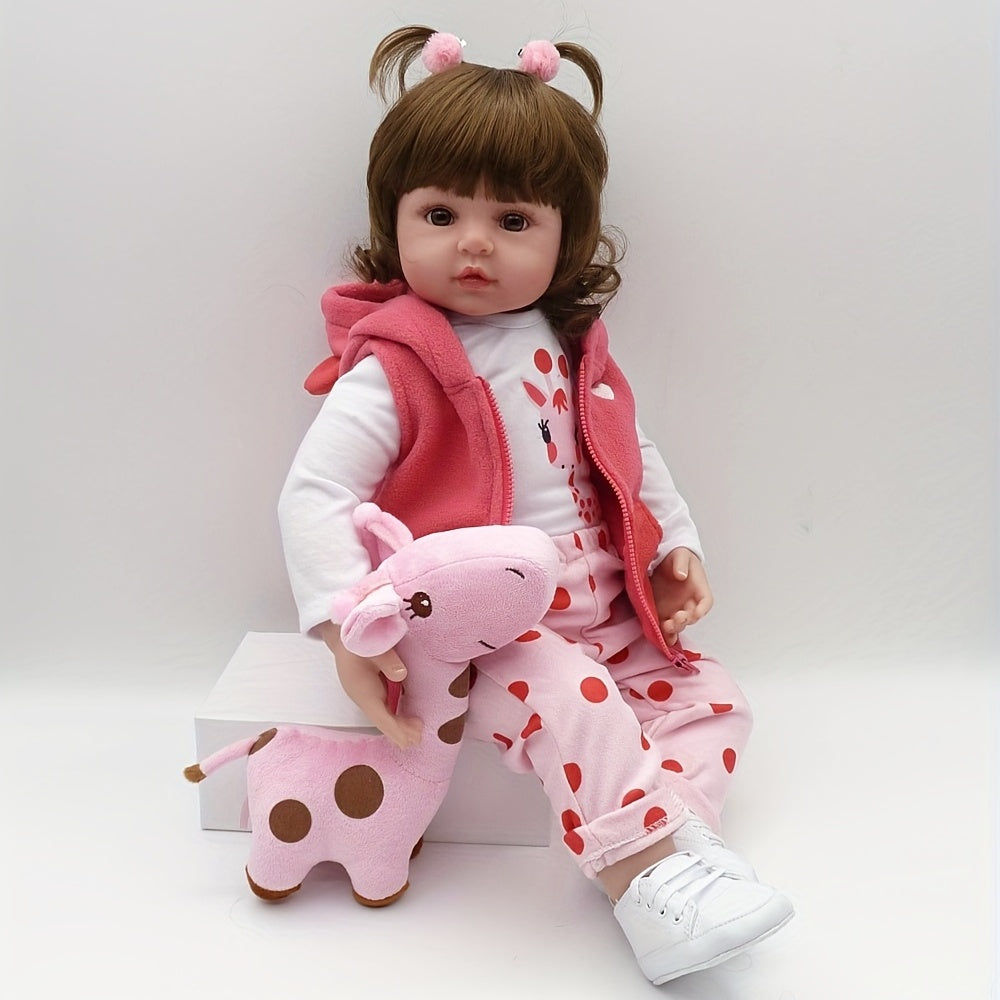 19 Inch/ 48 Cm Soft Vinyl Reborn Doll, Lovely Baby Girl With Hairwig In Pink Clothes And A Plush Giraffe Toy, Halloween/Thanksgiving Day/Christmas gift Carnival