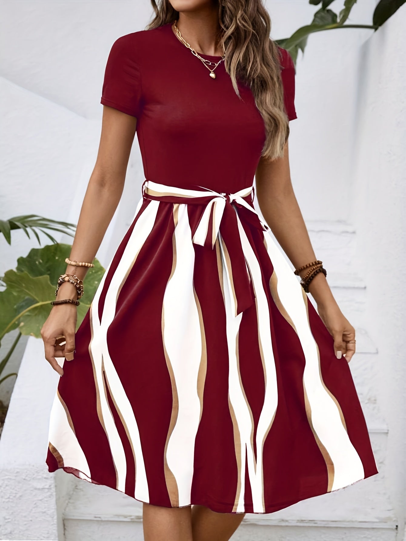 Women's Summer Dress Tie Waist Modest Midi Dress Short Sleeve A Line Belted Dress Daily Casual