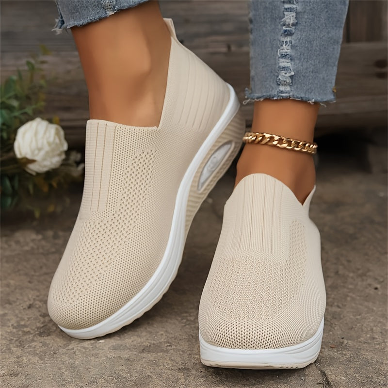 Women's Solid Color Knitted Sneakers, Platform Slip On Soft Sole Walking Shoes, Breathable Low-top Wedge Shoes fall