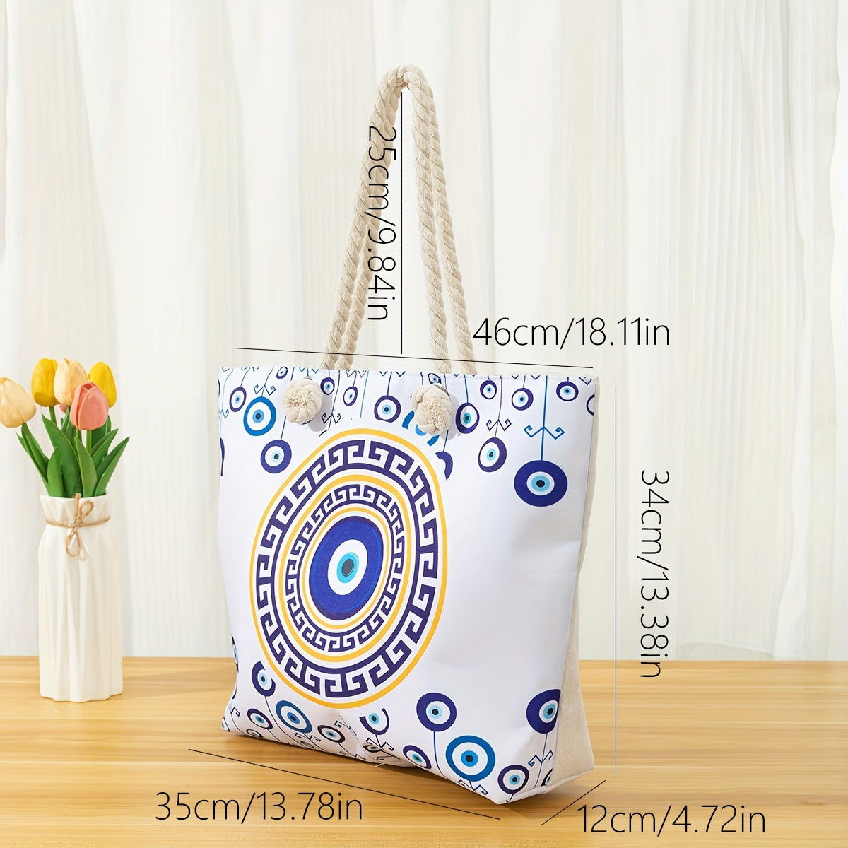 Large Capacity Women's Beach Tote Bag, Mysterious Blue Circle Print, Casual Nylon Shoulder Bag With Comfortable Handles For Travel & Outdoor