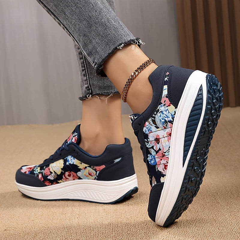 Women's Vintage Print Casual Sneakers, Lace Up Platform Soft Sole Walking Shoes, Round Toe Sporty Rocking Trainers