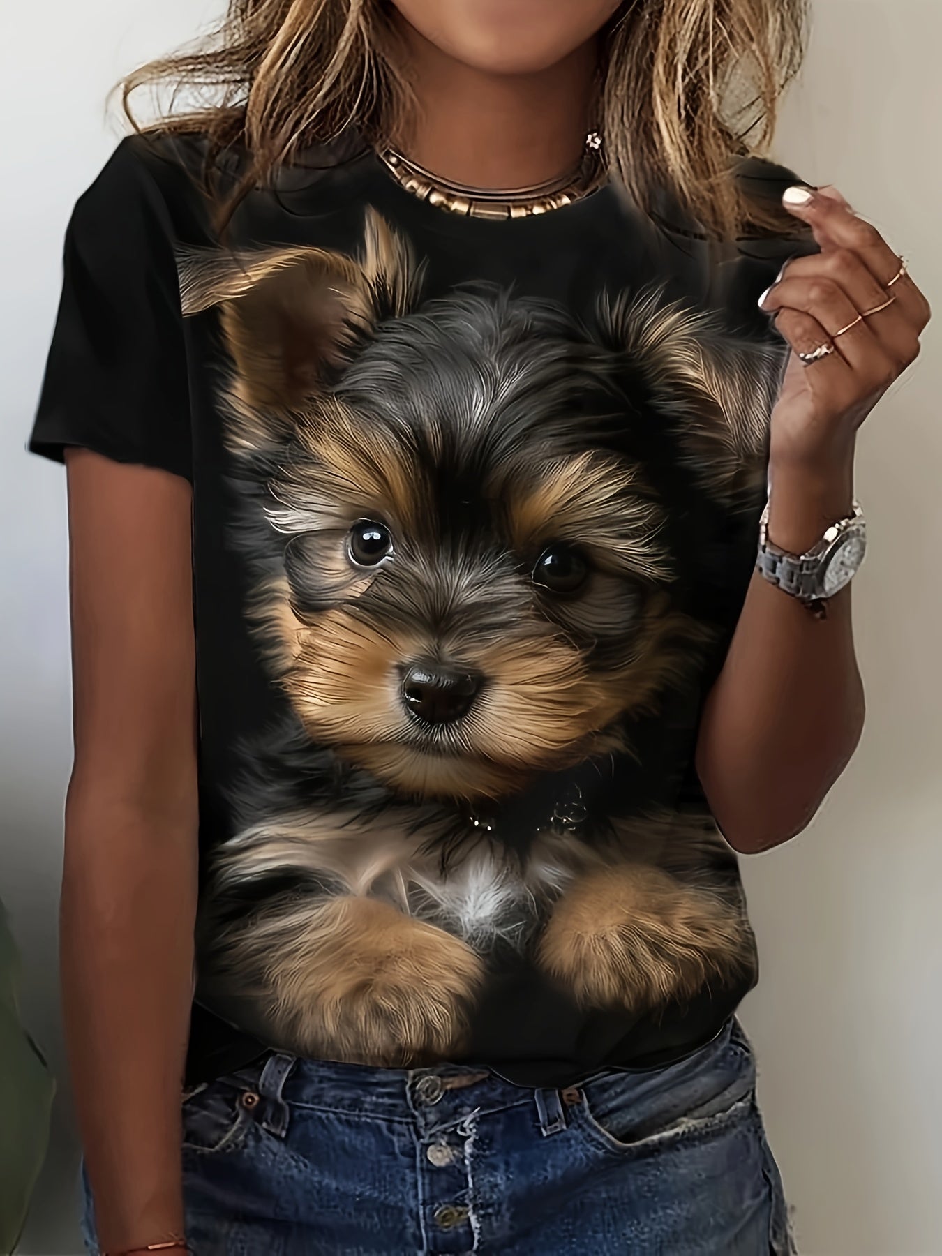 Cute Puppy Print T-Shirt, Casual Crew Neck Short Sleeve Top For Spring & Summer, Women's Clothing