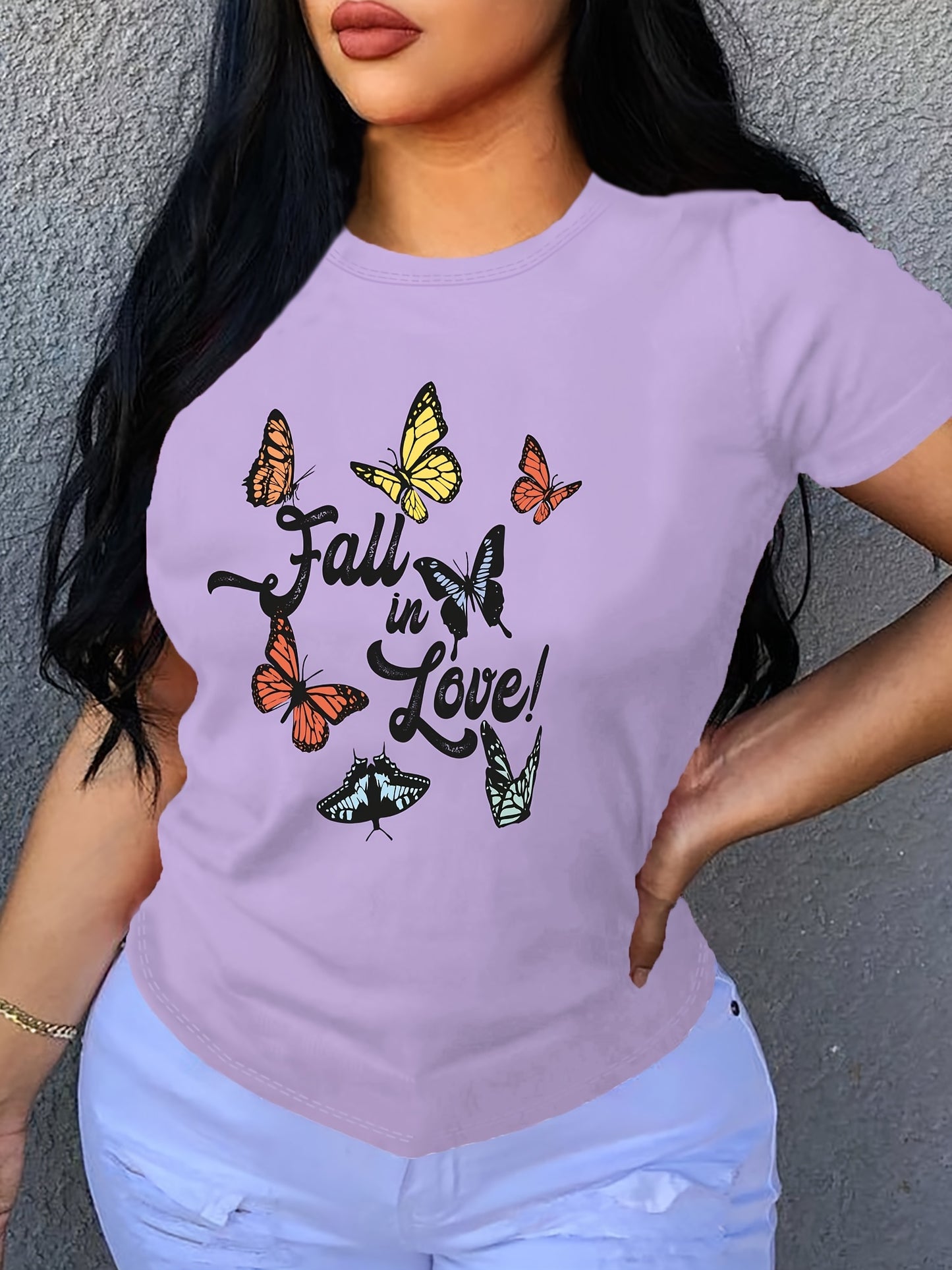 Butterfly & Letter Print T-Shirt, Casual Crew Neck Short Sleeve T-Shirt For Spring & Summer, Women's Clothing