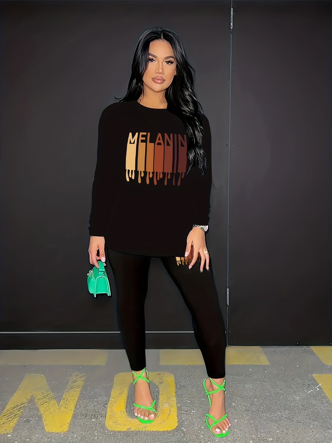 Melanin Letter Print Two-piece Set, Crew Neck Long Sleeve Tops & Long Length Pants Outfits, Women's Clothing