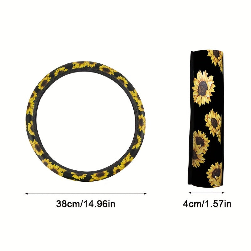 Creative Sunflower Flower Car Steering Wheel Cover, Four Seasons Universal Car Supplies Handlebar Cover, No Inner Ring Elastic Strap Handlebar Cover