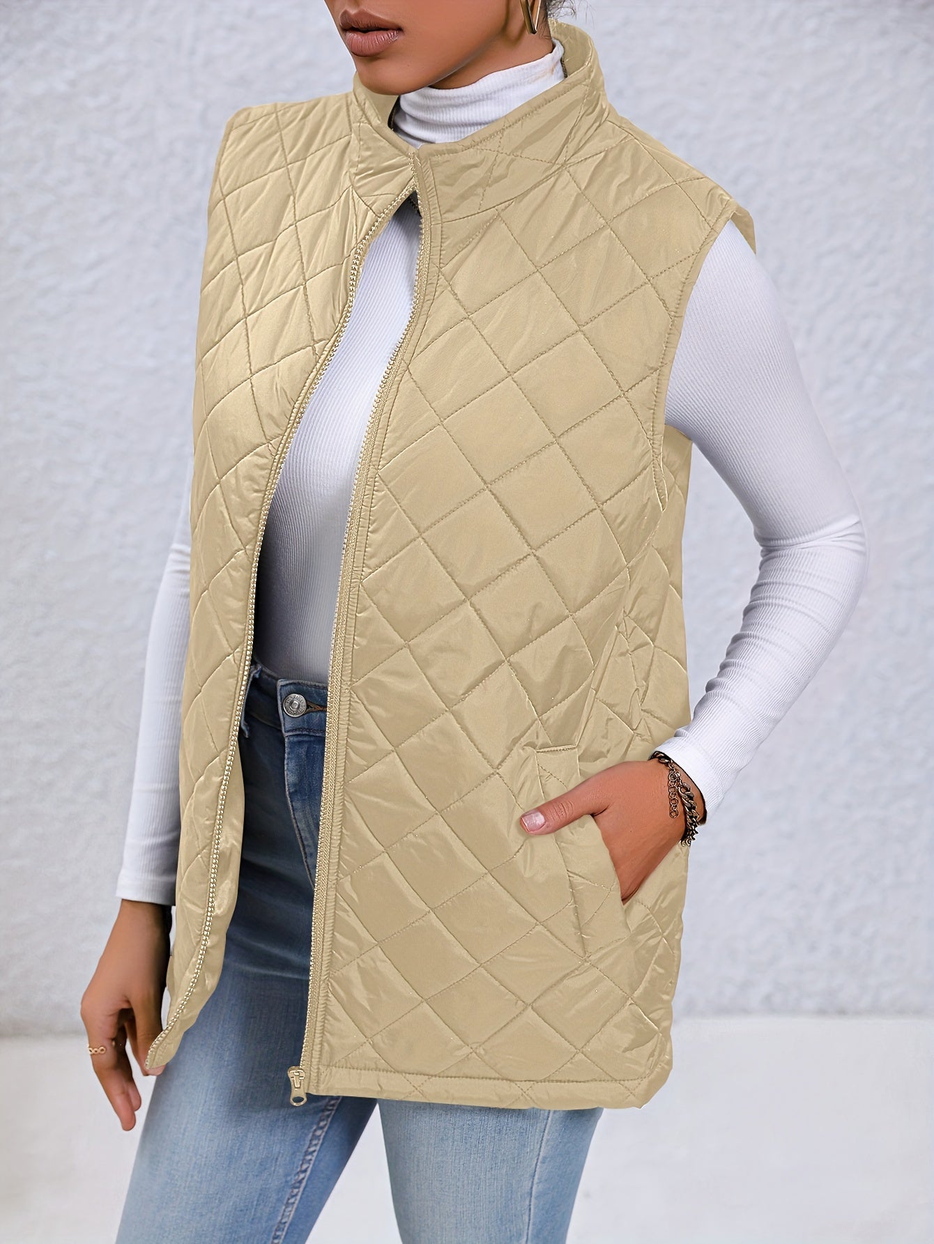 Argyle High Neck Sleeveless Vest, Casual Zip Up Versatile Outerwear, Women's Clothing