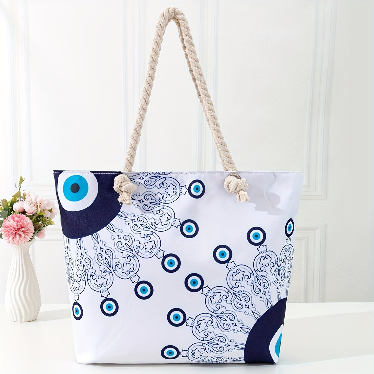 Beautiful Blue Deep Sea Printed Linen Fabric Tote Bag - Ethnic Style Large Capacity Canvas Bag for Women