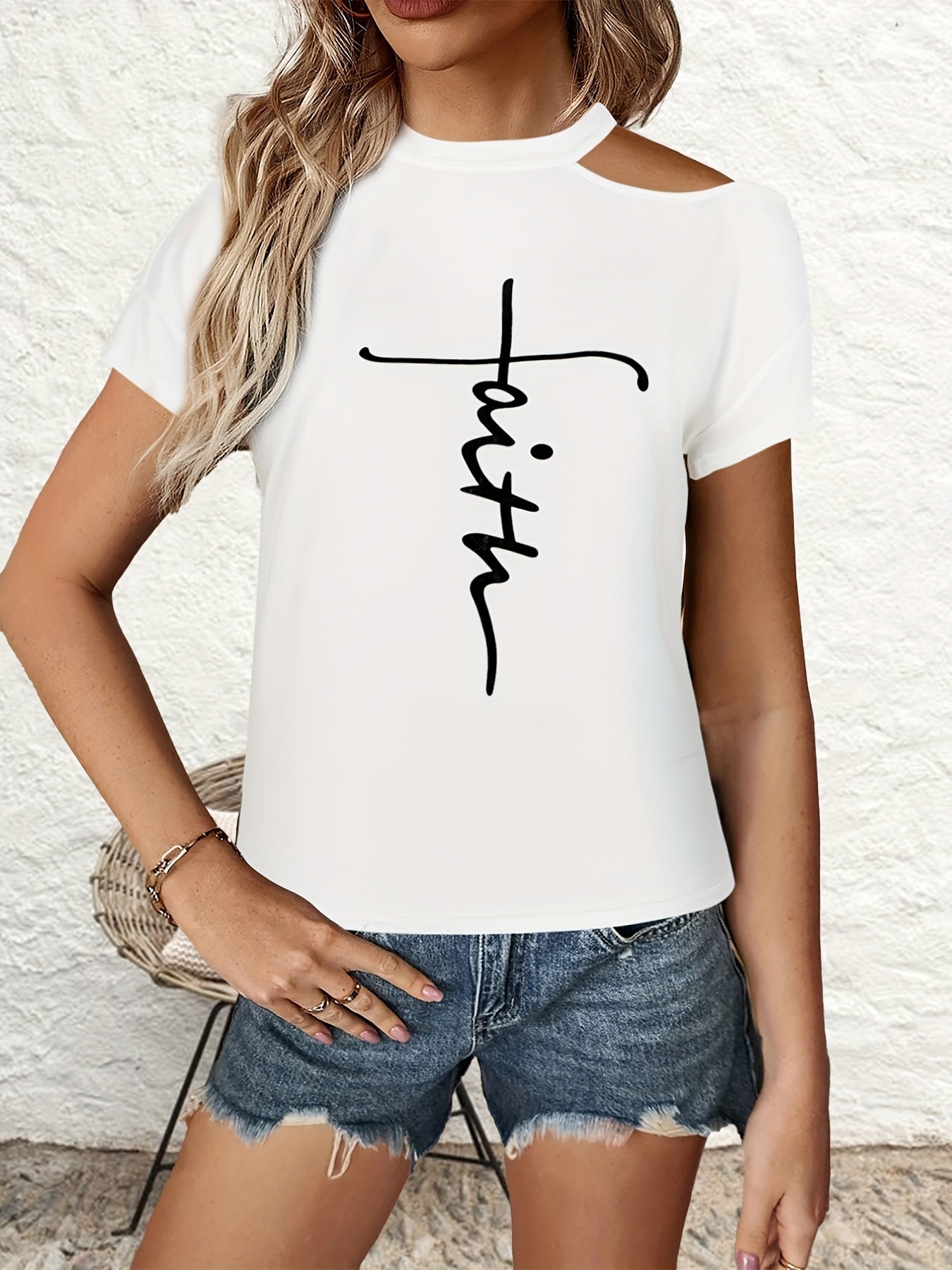 Letter Print Cut Out T-Shirt, Casual Short Sleeve T-Shirt For Spring & Summer, Women's Clothing