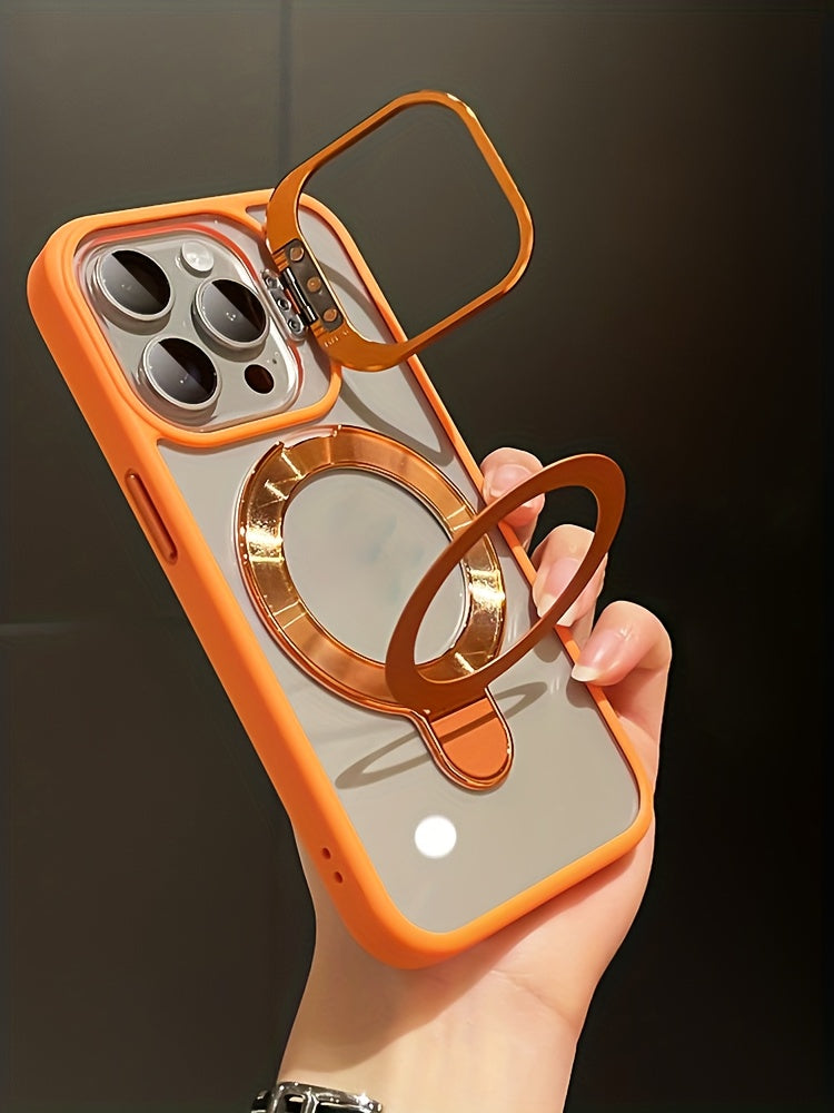 Metal Lens Dual Stand Transparent Magnetic Mobile Phone Case For iPhone 16 15 14 13 12 11 Pro Max Plus With Lens Protection Film