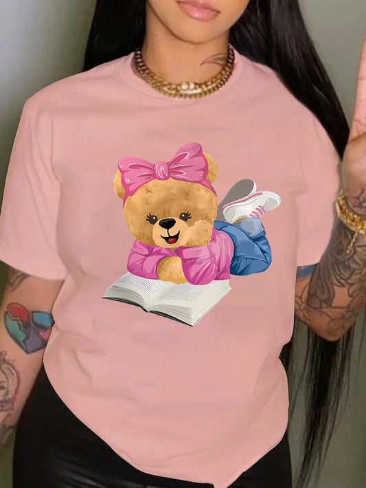 Reading Cute Teddy Bear Print Crew Neck T-shirt, Casual Short Sleeve Top For Spring & Summer, Women's Clothing