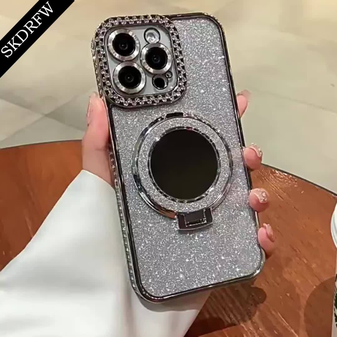 New Luxury High-Grade Glitter Double Row Diamond Mirror Magnetic Bracket All-Inclusive Lens Mobile Phone Case Suitable for Apple for Iphone 16 15 14 13 12 11 Pro Max / Niche Transparent Anti-Fall Soft Glue Protective Back Cov