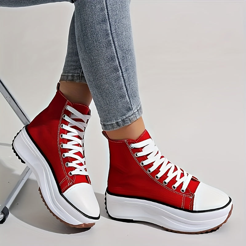 Women's Solid Color Casual Sneakers, Lace Up Soft Sole Platform Skate Shoes, Versatile High-top Canvas Shoes