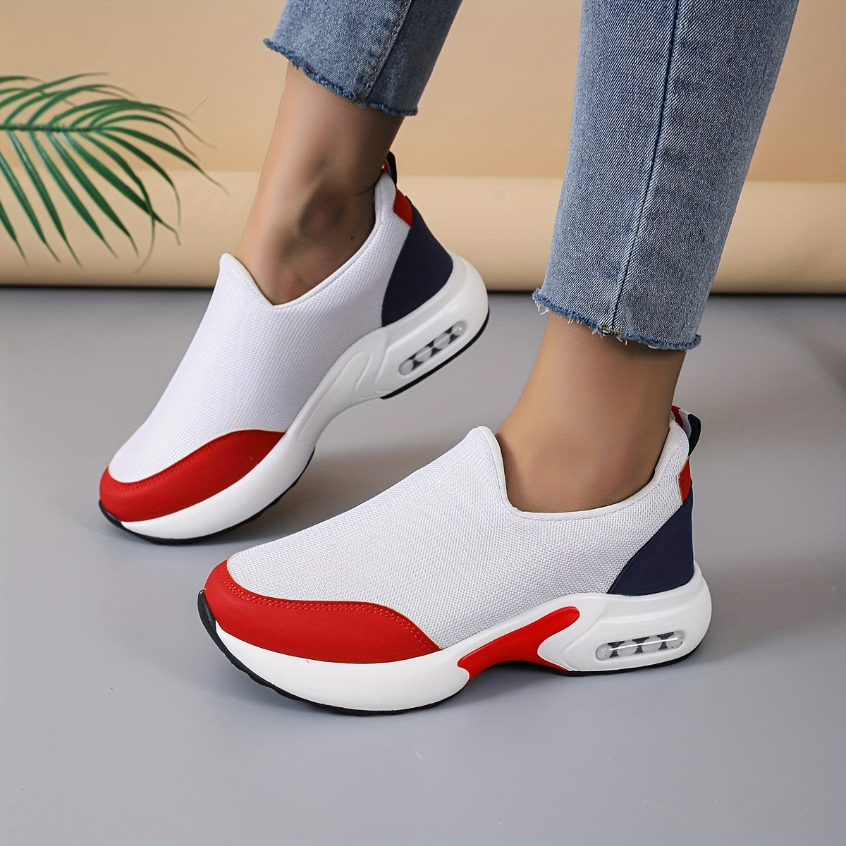 Women's Trendy Colorblock Chunky Sneakers, Stylish Slip On Air Cushion Shoes, Lightweight Low Top Shoes