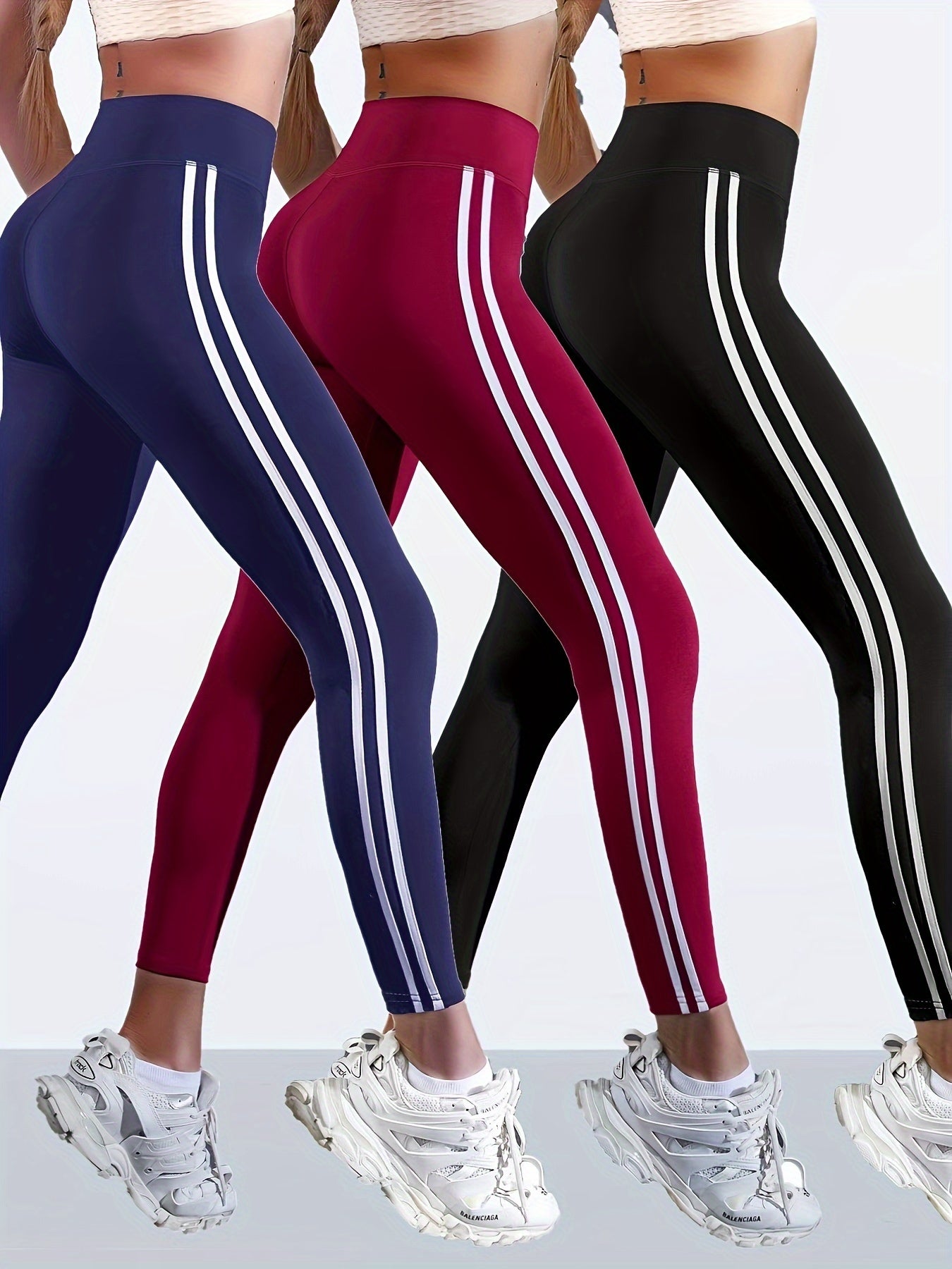 3Pcs Side Striped Pattern Yoga Pants, High Waist Butt Lifting Workout Leggings, Women's Activewear Wide Waistband