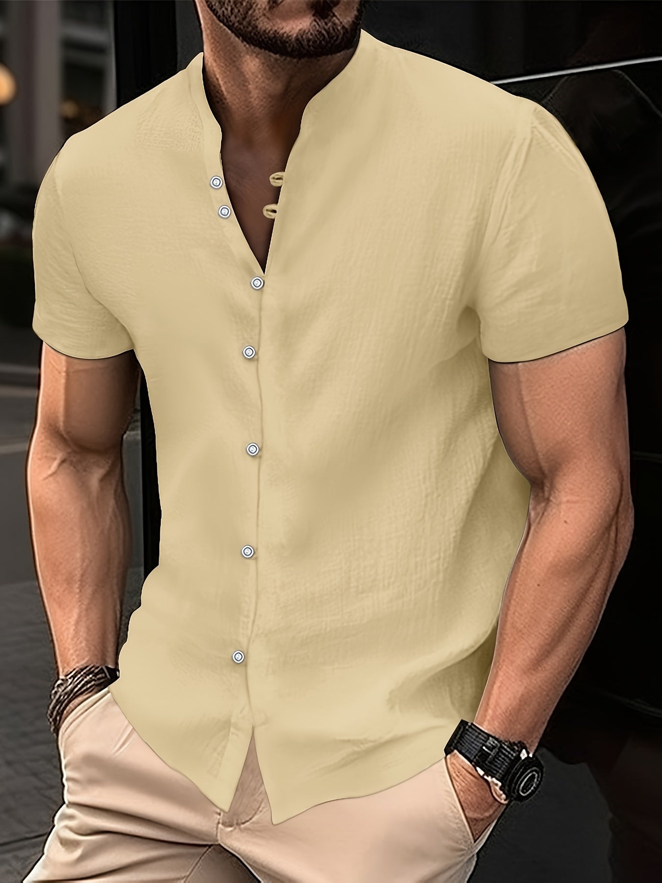 Men's Solid Short Sleeve Button Down Stand Collar Henley Shirt For Summer Resort Holiday, Hawaiian Style