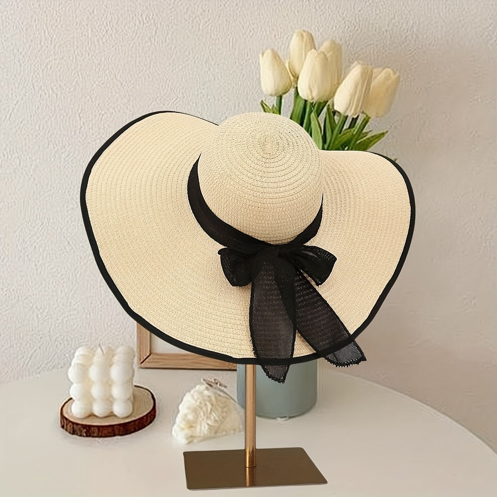 Elegant Wide Brim Straw Sun Hat with Bow - UV Protection, Breathable Summer Beach Cap for Women