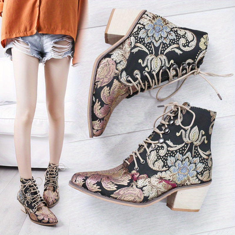 Women's Vintage Flower Boots, Lace Up Chunky Heel Western Cowboy Boots, Point Toe Stylish Chelsea Boots fall