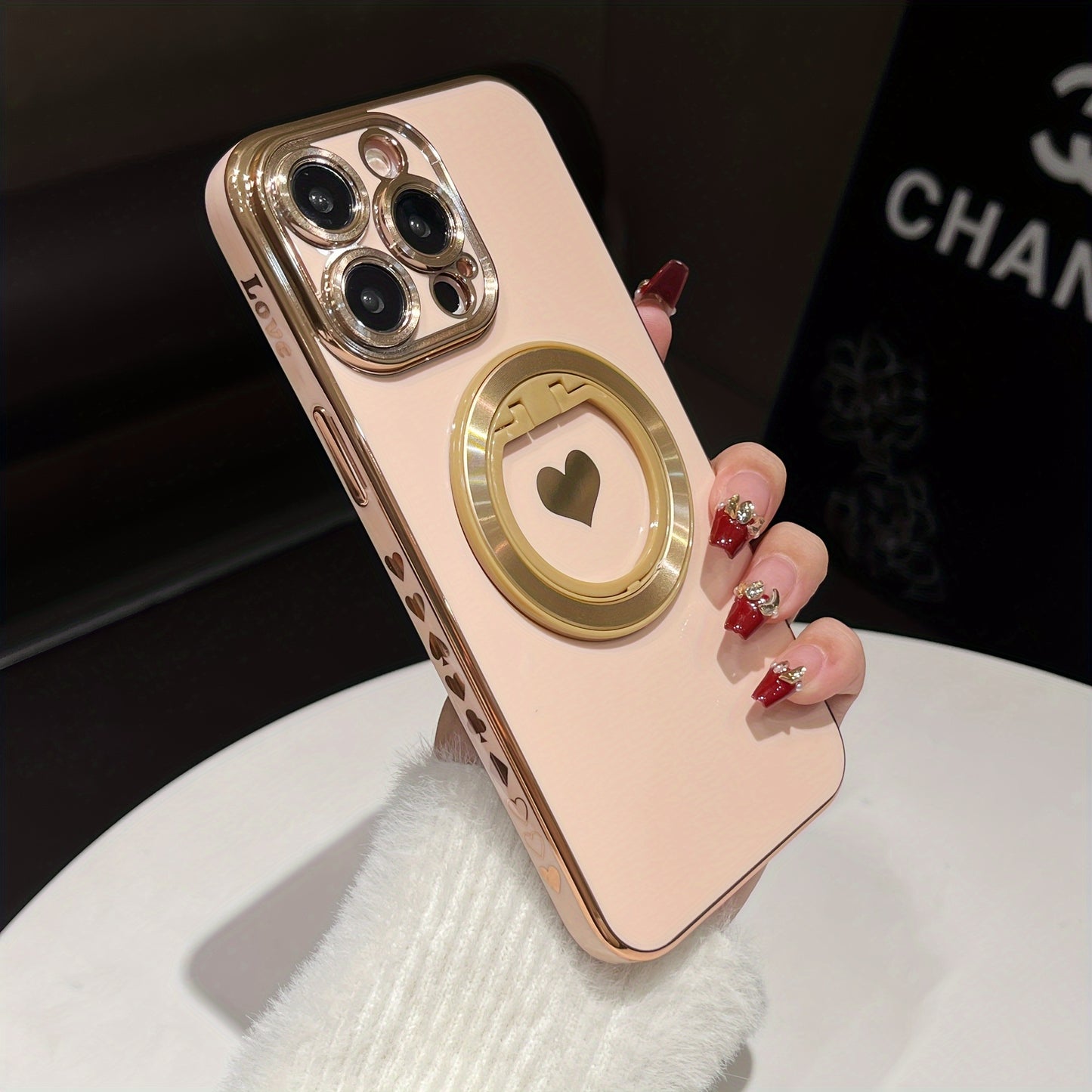 Electroplated Heart-shaped Solid Color Stand For Phone Case Suitable For IPhone 15Promax/15/15Pro/15plus/14Promax/14Pro/14/14plus/13Promax/13Pro/13/12Promax/12Pro/12 Protective Case