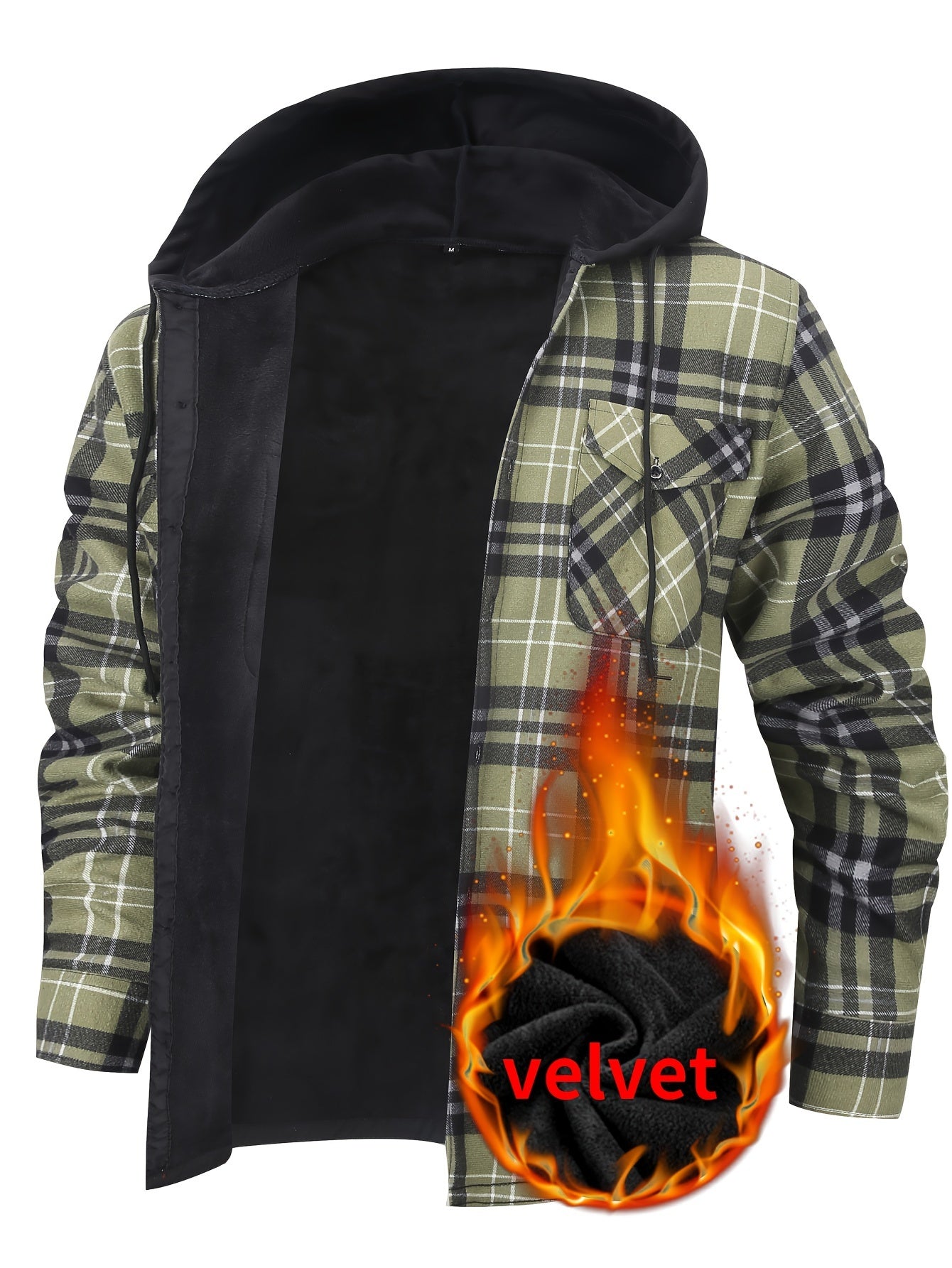 Men's Plaid Hooded Long Sleeve Shirt with Pockets, 100% Polyester Woven Fabric, Adult Basic Winter Warm-Up Top with Hood, No Bra, Elastic Fit, Regular Fit