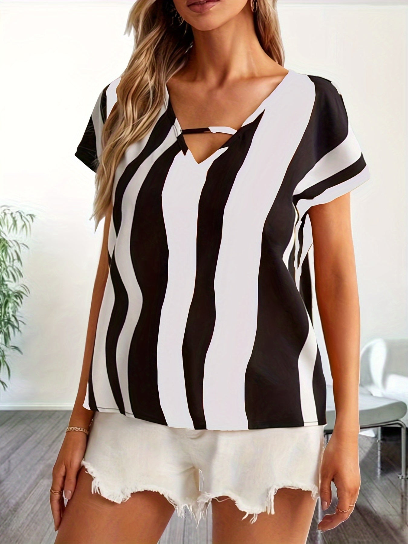 Color Block Striped V Neck Blouse, Elegant Short Sleeve Blouse For Spring & Summer, Women's Clothing