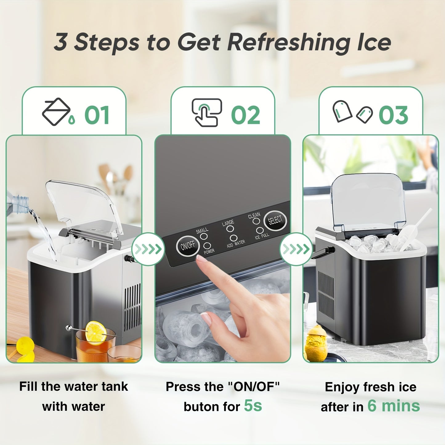 Countertop Ice Maker, Nugget Portable Ice Machine, 9 Bullet Ice Cubes in 6 Mins, 26.5lbs in 24Hrs Self-Cleaning with Handle, Basket, Scoop for Home, Kitchen/Party/Camping/RV