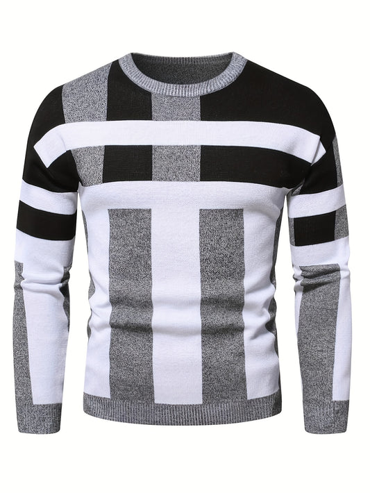 Men's Color Block Round Neck Sweater, Trendy Stretch Warm Pullover For Winter Outdoor