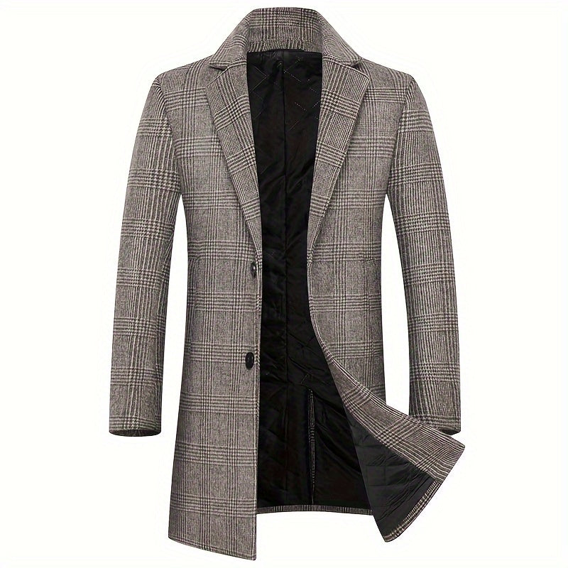 Men's Classic British-Style Wool Blend Overcoat - Thick, Casual & Business Plaid Jacket for Fall/Winter