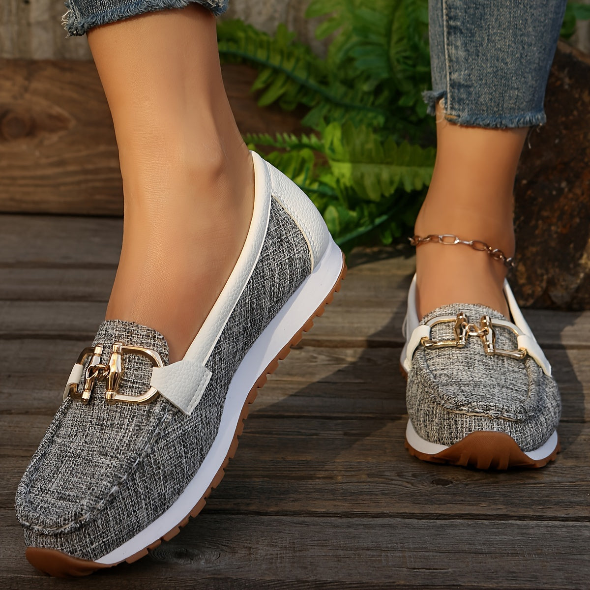 New Four Seasons Non-slip Sole Round Toe Solid Color Walking Shoes For Women, Metal Shallow Mouth Women's Slip On Shoes