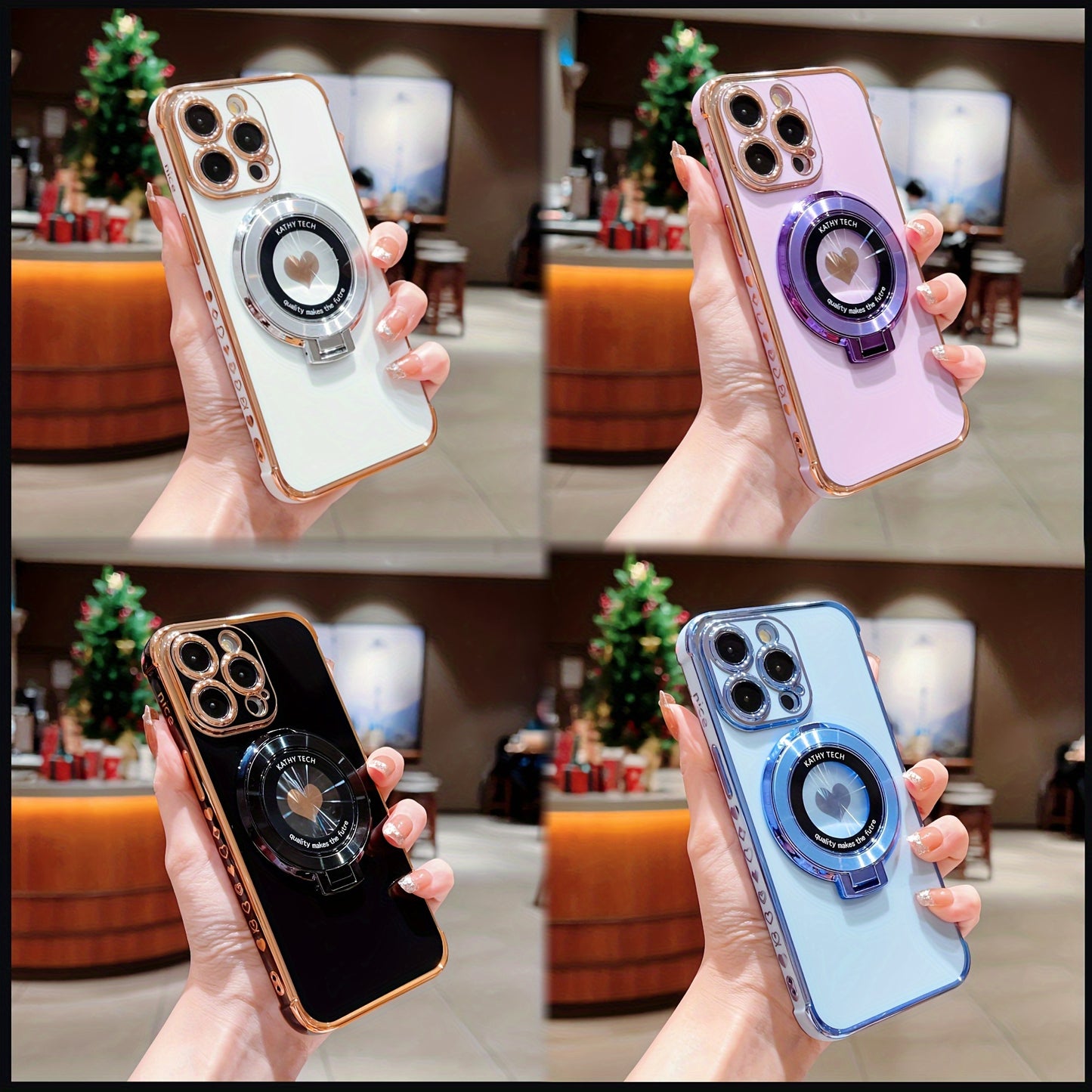 Luxury Case for iPhone 14, for iPhone 14 Plus Case, for iPhone 14 Pro Case, for iPhone 14 Pro Max Case with Ring Holder Stand Magnetic Kickstand, Lightweight Slim Fit Plated Rose Golden Edge TPU Camera Protection Shockproof N