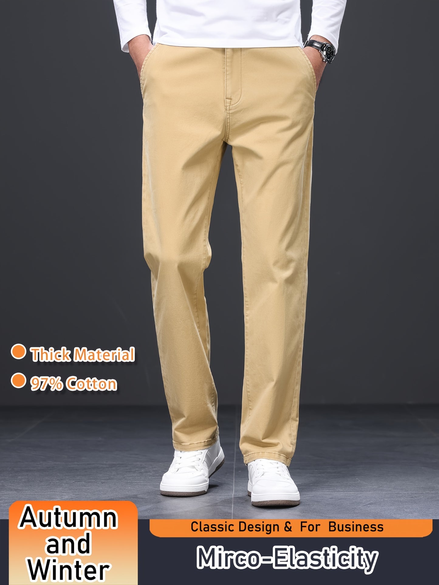 Men's Business Casual Trousers, Thickened Autumn/Winter Warm Straight-Leg Pants, Cotton Blend, Light Business Style, Stretch Fabric, Solid Color, Regular Fit, Mid-Waist, Regular Length, Woven Fabric