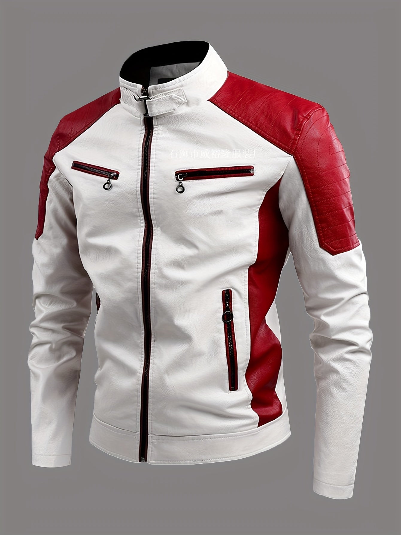 Men's Color Block Faux Leather Jacket - Casual Stand Collar with Multiple Zippered Pockets, Perfect for Fall & Winter