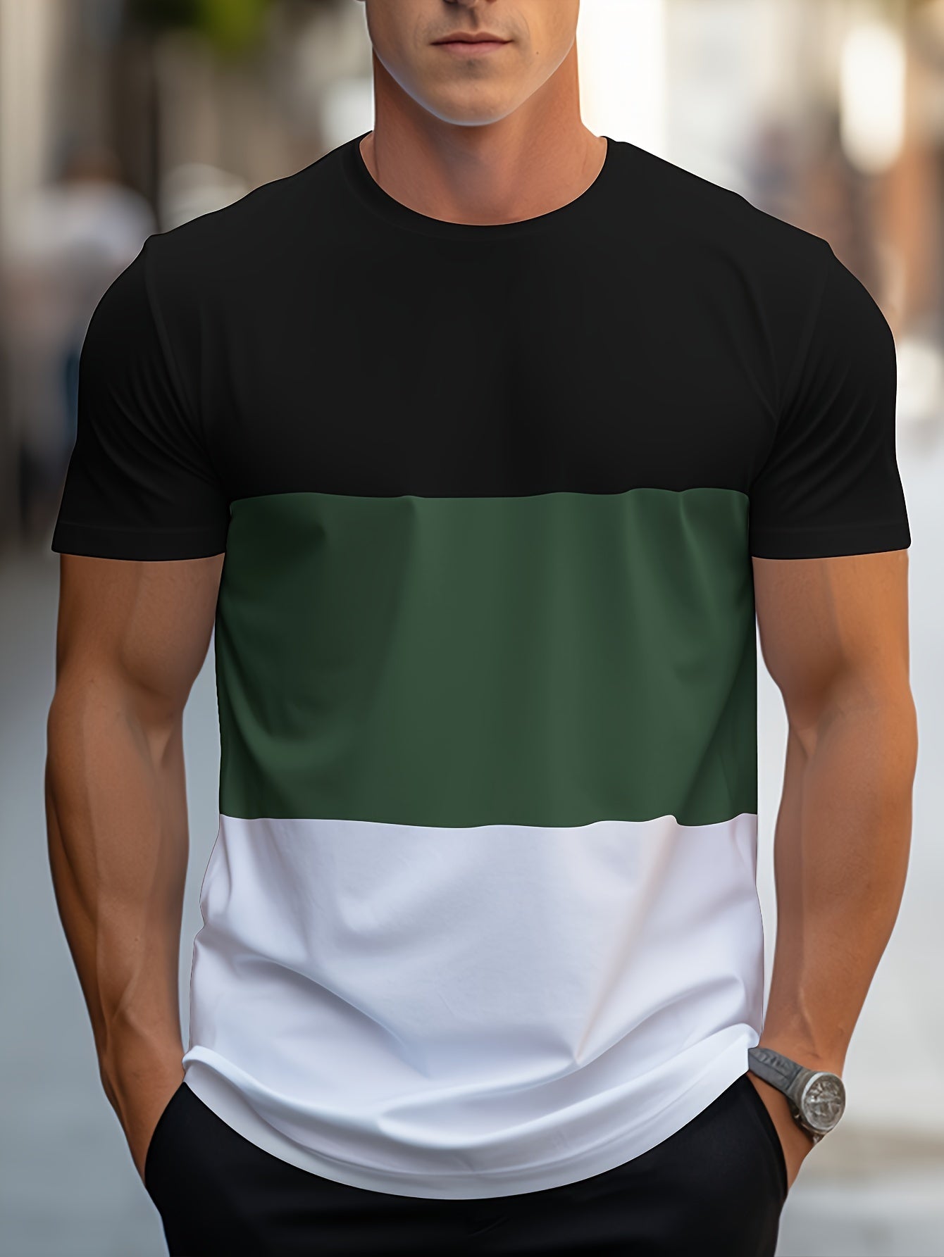 Men's Contrast Color Stripe Pattern Print T-shirt With Crew Neck And Short Sleeve, Casual And Comfy For Summer Leisurewear