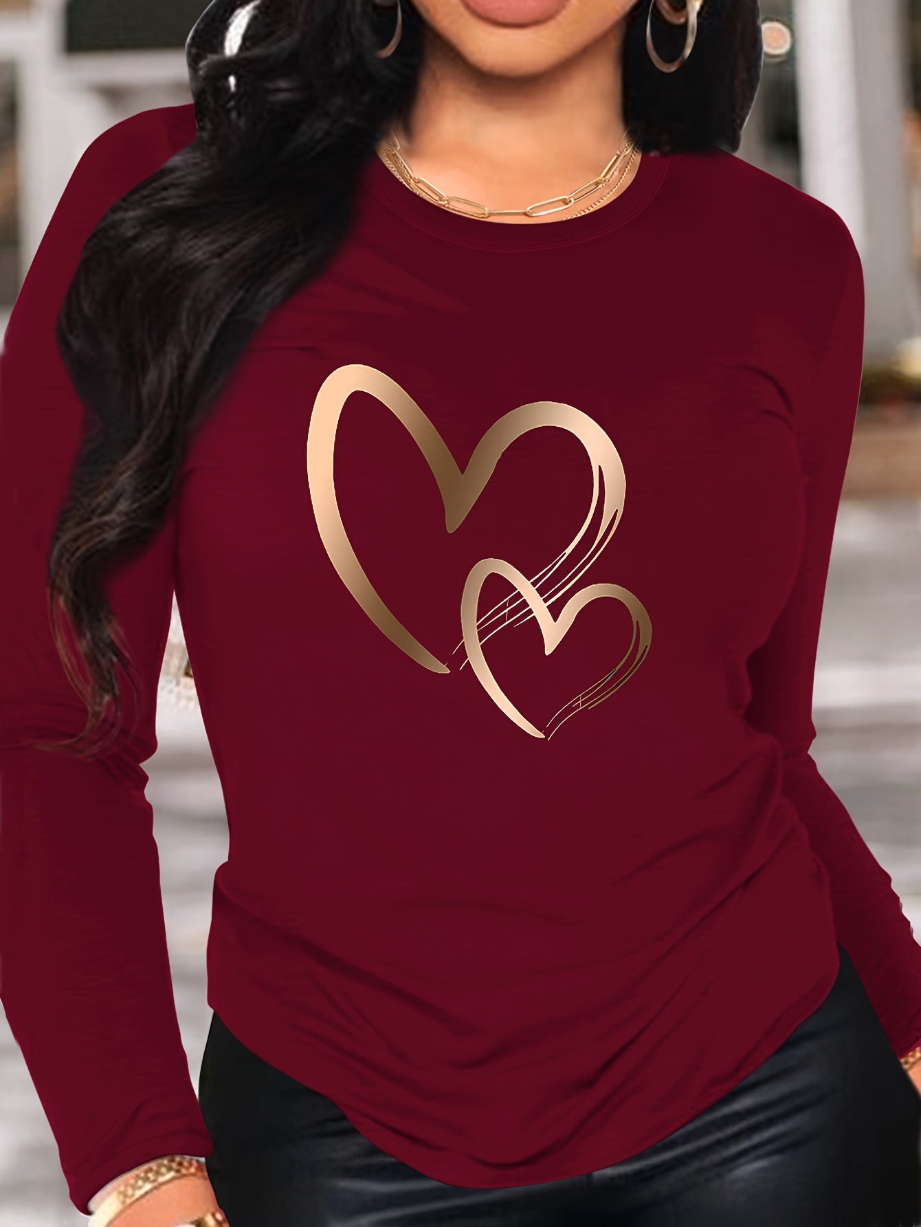 Women's Casual Heart Print Long Sleeve T-Shirt - Crew Neck, Soft Polyester, Machine Washable