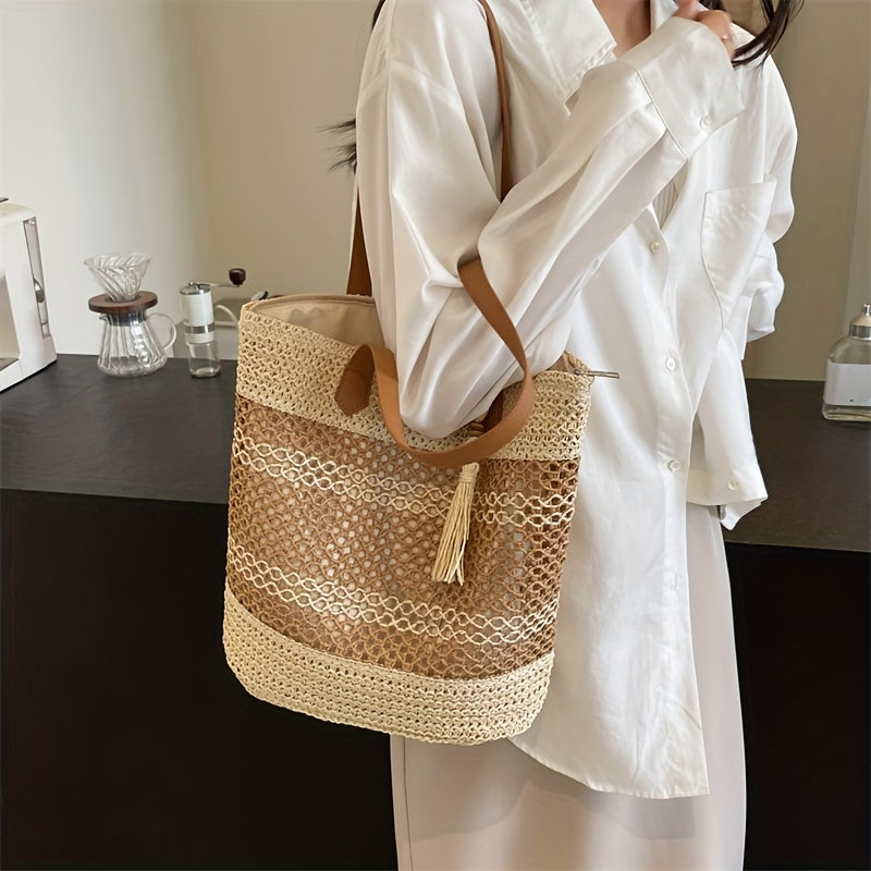 Casual Style Tote Bag With Tassel, Large Capacity Fabric Bag, Beach And Travel Bag For Women