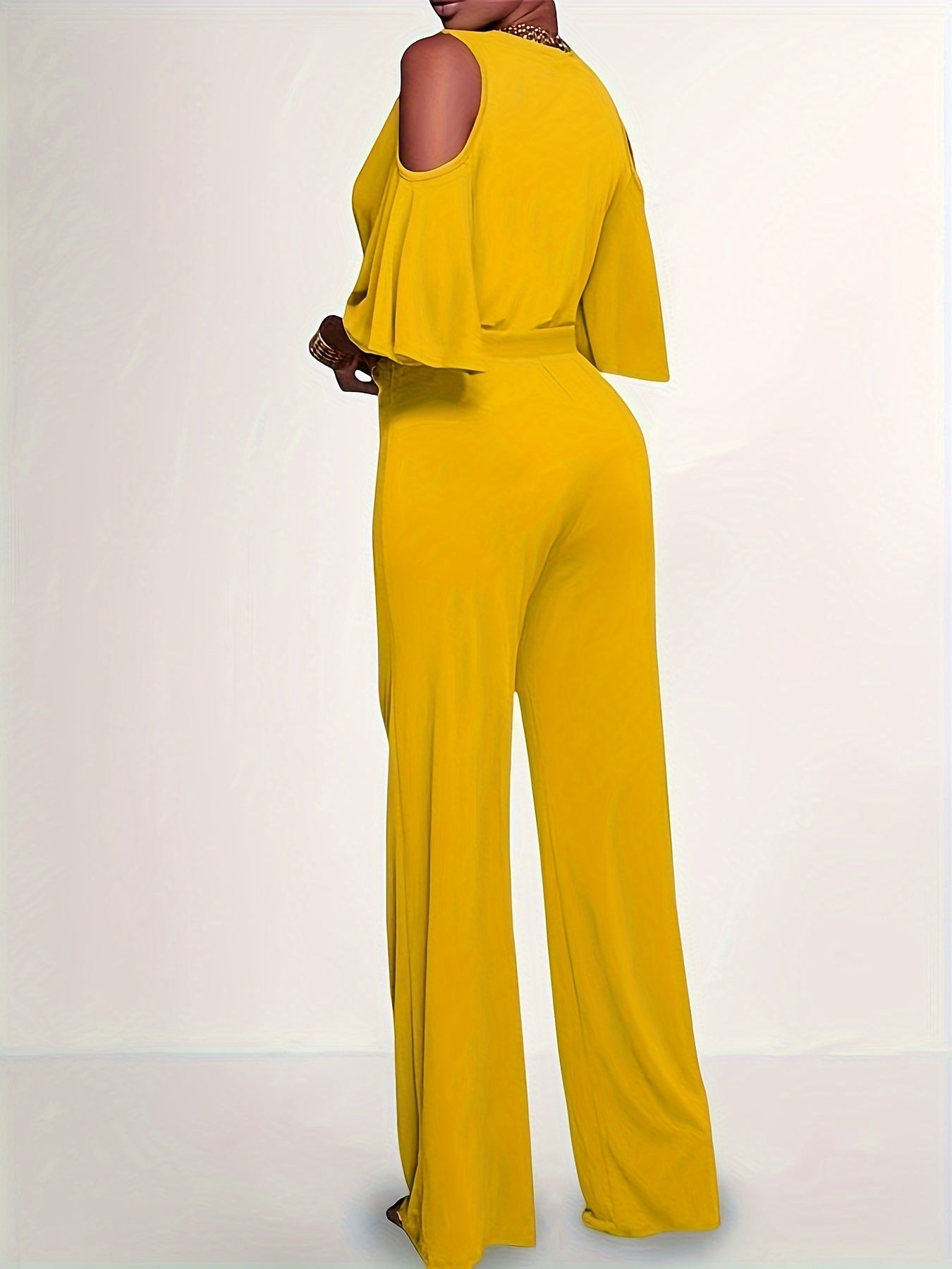 Solid Cold Shoulder V-neck Jumpsuit, Elegant Half Sleeve Jumpsuit For Spring & Summer, Women's Clothing