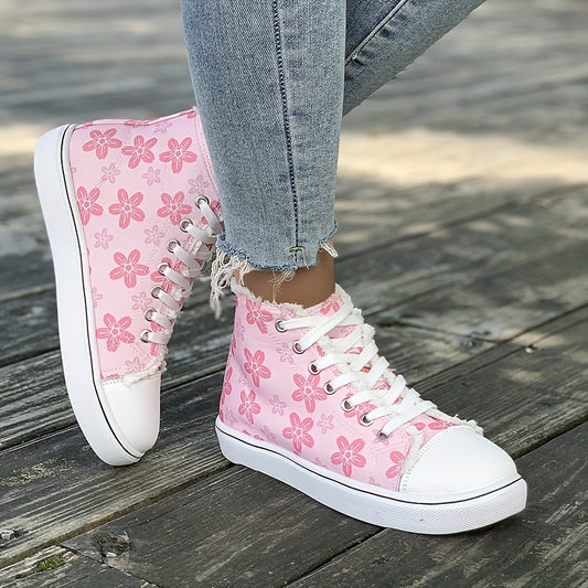 Women's High Top Canvas Shoes, Floral Printed Round Toe Lace Up Sneakers, Casual Flat Skate Shoes