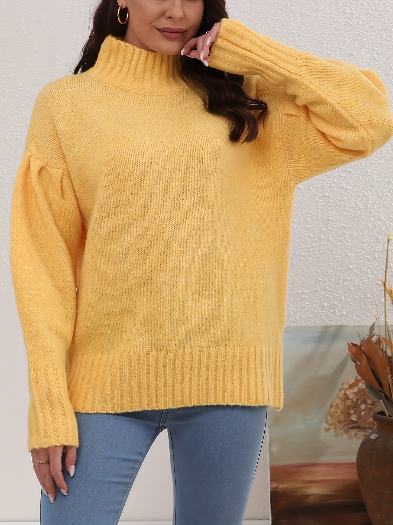 Solid Mock Neck Knit Sweater, Elegant Long Sleeve Pullover Sweater For Fall & Winter, Women's Clothing