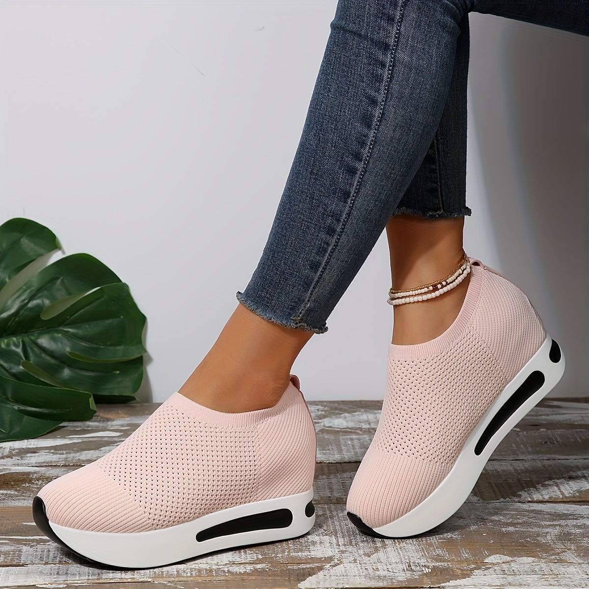 Women's Platform Rocker Sneakers, Breathable Elastic Knitted Slip On Trainers, Casual Outdoor Walking Shoes