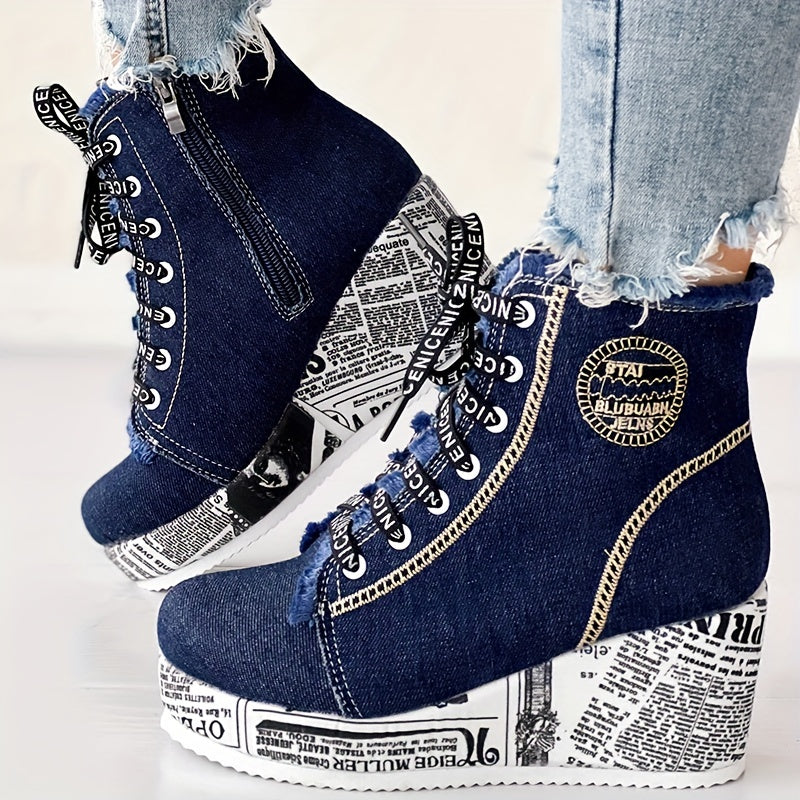 Women's Solid Color Denim Boots, Lace Up Trendy Platform Comfy Shoes, Versatile Round Toe Wedge Shoes