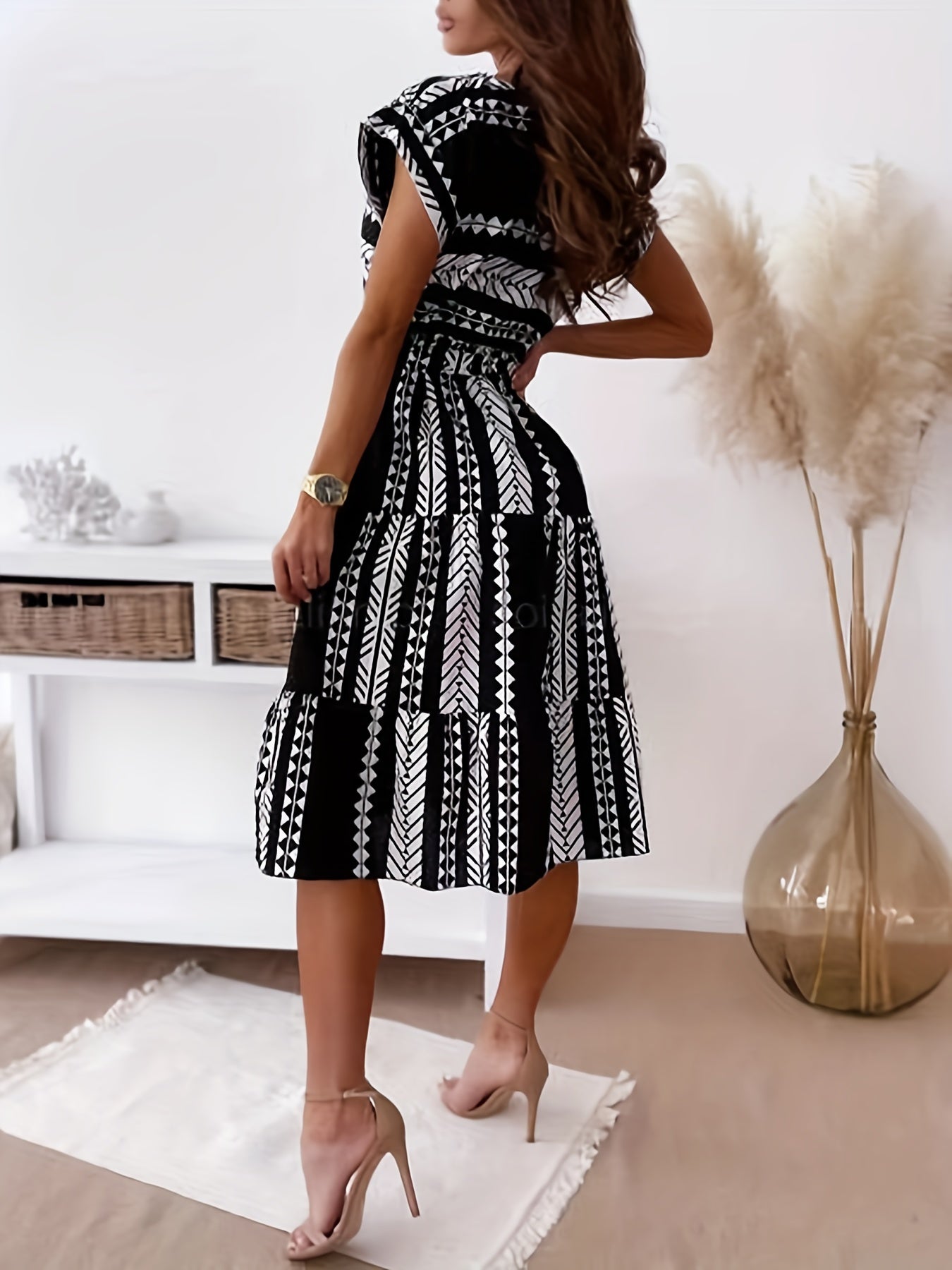 Ethnic Print Cap Sleeve Dress, Vacation Crew Neck Midi Dress, Women's Clothing