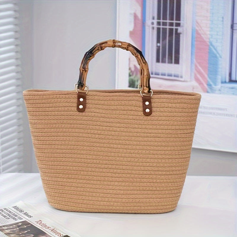 1pc Handmade Woven Cotton Rope Bags, Bamboo Joint Bags, Straw Woven Bags, Simple Commuting Handbags, Multiple Styles Of Tote Bags