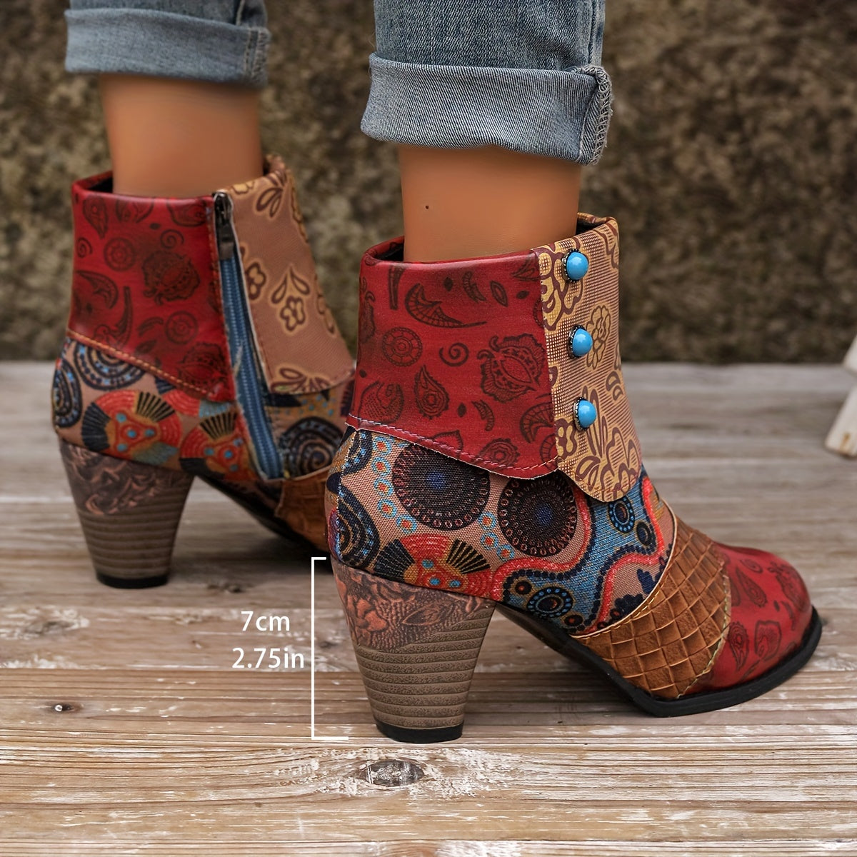 Women's Floral Pattern Boots, Side Zipper Casual Chunky Heel Ankle Boots, Versatile Round Toe Boots